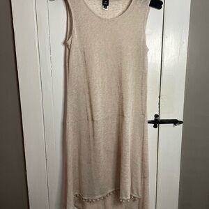 Sleeveless Cream Sheer Hi Low Midi Dress with Pom Hem S/M